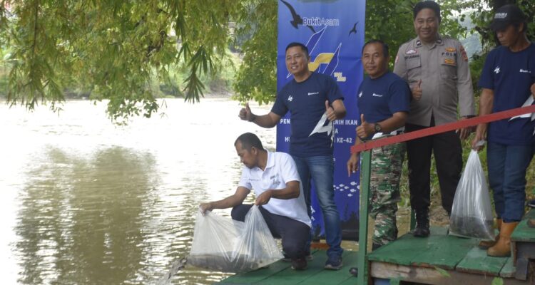 PT Bukit Asam Tbk (PTBA) melakukan penebaran benih ikan di Sungai Enim yang dipusatkan di Taman Love Tanjung Enim, Kecamatan Lawang Kidul, Kabupaten Muara Enim, Jumat (24/2/2023) dalam rangka HUT ke-42 PTBA