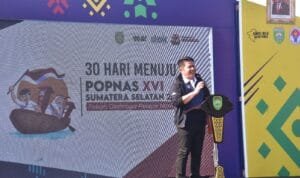 Gubernur Sumsel H. Herman Deru resmi melaunching logo dan maskot Pekan Olahraga Pelajar Nasional (POPNAS)XVI Tahun 2023, di halaman Griya Agung Palembang, Senin (31/7).